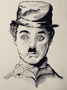 a black and white drawing of a man wearing a hat with his eyes wide open