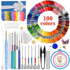 an assortment of colorful crochet hooks, needles, and other crafting supplies