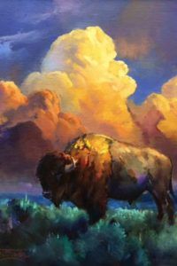 an oil painting of a bison standing in the grass with clouds above it and water below