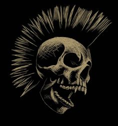 a skull with spikes on it's head is shown in black and gold ink