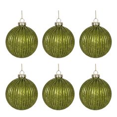 six green christmas ornaments hanging from strings