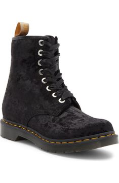 Dr. Martens 1460 Crushed Velvet Combat Boot (Women) | Nordstromrack Cream Heels, Ribbon Laces, Boot Stand, Ballerina Shoes Flats, Vegan Boots, Womens Combat Boots, Combat Boot, Vegan Fashion, Velvet Lace