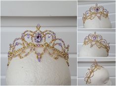 Handmade crystal ballet headpiece in your choice of pastel colour with silver or gold (pictured is lilac and gold). Suitable for many ballet roles, including Sugar Plum Fairy, Lilac Fairy, Raymonda, Medora, Gulnare, Odalisque, and Talisman. Made with crystal beads, acrylic pearls, crystal bead droplets, and a crystal teardrop jewel. Base of crown measures approx. 34cm. Centre front height measures approx. 4.8cm. Shipping Information: - Shipping to the United States and Canada takes approx. 12 to Lilac Fairy Ballet, Ballet Crowns, Lilac Fairy, Fairy Headpiece, Ballet Headpieces, Seed Bead Art, Gold Tutu