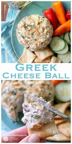 the greek cheese ball is cut in half and ready to be eaten