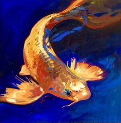 an oil painting of a goldfish swimming in blue water with its tail curled up