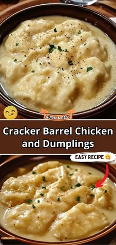 two pictures showing different types of chicken and dumplings in a bowl with the words cracker barrel chicken and dumplings