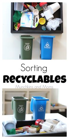 recycling bins with the words sorting recyclables on top and bottom