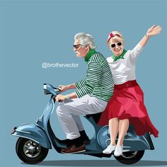 an older couple riding on the back of a scooter with their arms in the air