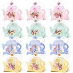 six teapots with flowers on them are shown in different colors and designs, one is