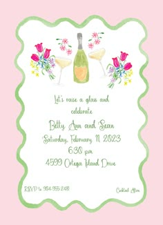 a pink and green bridal party card with wine glasses, flowers, and butterflies