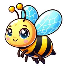 a cute little bee with big eyes and a smile on it's face, flying