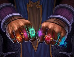 two hands with glowing rings on their palms and one hand holding something in the other