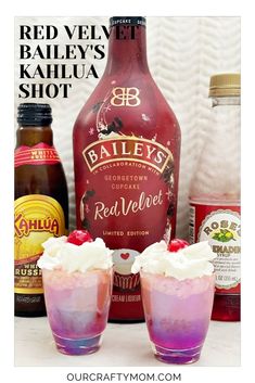 red velvet bailey's kahlua shot with raspberry ice cream and whipped cream