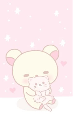 a cartoon bear holding a small kitten in its paws on a pink background with stars