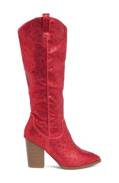 Covered in an array of glistening rhinestones add a boost of glamour to western-inspired boots. Rhinestone embellished pull tabs and a stacked block heel finesse this covetable style. 3 4/5" heel 14 2/3" shaft height Partial side zip closure Imported Guy Shoes, Western Boots Women, Western Boot, Red Glitter, Western Boots, Side Zip, Nordstrom Rack, Block Heels, Shoes Mens