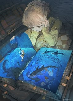 a little boy sitting on top of a bed next to an open book with dolphins in it