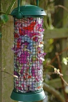 a bird feeder hanging from the side of a tree with lots of flowers on it