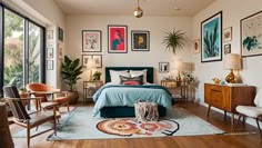 a bedroom with wood floors and pictures on the wall