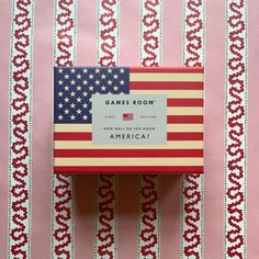 a red, white and blue box with an american flag on it