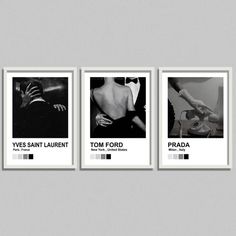 three black and white posters with different images