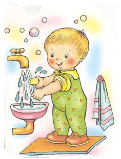 a little boy that is standing in front of a sink with soap bubbles coming out of it