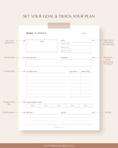 a printable goal sheet with the words set your goal and track your plan on it