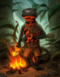 a frog dressed in armor standing next to a campfire with an antelope on it's back