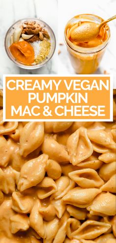 creamy vegan pumpkin mac and cheese is shown with the title overlay that reads, creamy vegan pumpkin mac and cheese