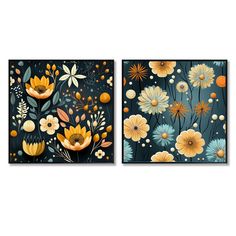 two paintings with flowers and leaves on the wall next to each other, one has an orange flower in it