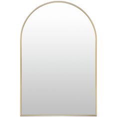 an arch shaped mirror with a gold frame on a white background, it is isolated from the front