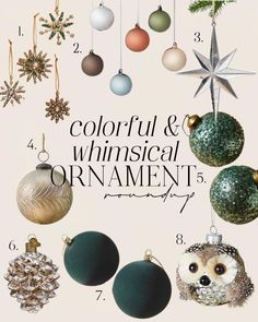 an image of christmas ornaments with the words colorful and whimsical ornament