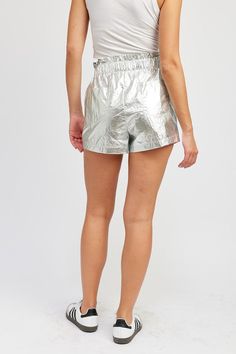 Emory Park PAPERBAG METALLIC SHORTS SIZE & FIT :MODEL WEARS SIZE SMALLMODEL'S HEIGHT 5'9 Made In: IMPORTED Fabric Contents: 100% NYLON Silver Stretch Bottoms Short Length, Silver Stretch Bottoms For Summer, Metallic Fitted Shorts, Fitted Metallic Shorts, Casual Metallic Shorts, Metallic Bottoms With Built-in Shorts, Fitted Metallic Shorts For Summer, Silver Casual Shorts For Spring, Fitted Silver Shorts For Summer