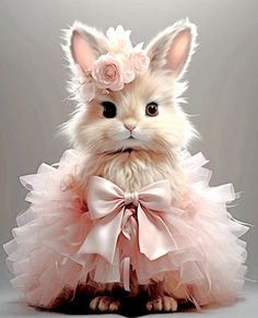 a fluffy white cat wearing a pink tutu with flowers on it's head