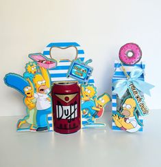 the simpsons characters are standing next to each other with donuts in front of them