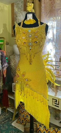 Latin Fringe Dress, Dresses With Fringe, Fringe Dance Dress, Rave Dress, Jungle Fever, Yellow Feathers, Beautiful Accessories