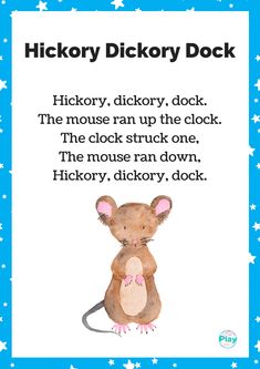 a card with an image of a mouse and the words hickory dickory dock on it