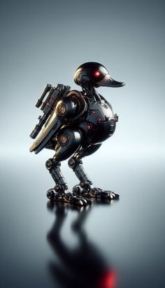 The duck’s posture radiates strength and resilience, while the glossy metallic armor adds a futuristic touch, embodying the essence of a fearless mechanical warrior ready for action. The Duck, Sci Fi, Essence