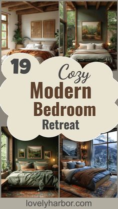 a collage of photos with the words cozy modern bedroom retreat