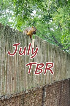 a squirrel sitting on top of a fence with the words july tbr above it