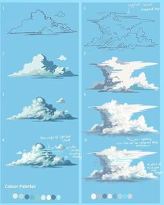 some clouds are shown in different stages of formation and sizes, with the same color scheme