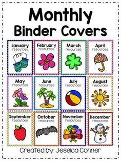 months of the year printable binder covers with pictures and words for each month