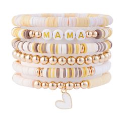 PRICES MAY VARY. What You Get: 7Pcs heishi surfer bracelets set, include 2PCS black clay bead bracelet, 2PCS white clay bead bracelet, 2PCS gold plated beaded bracelets and 1PCS mixed bracelet. Trendy and Stylish, you can mix and match with other ones you have too, would look great with most outfits, match a lot of your dresses. Suitable Size: inner perimeter of the bracelet is approx. 6.8/7 inches which is suitable for most people wrist size.The bracelets are stretchy, its's comfortable and str Black Clay Bead Bracelet, White Clay Bead Bracelet, Bracelets Heishi, Bead Stretch Bracelets, Bracelets Summer, Heishi Bracelets, Bracelet Trendy, Mama Bracelet, Soft Clay