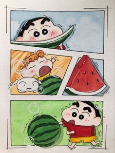 an image of a comic strip with watermelon and boy in the background eating