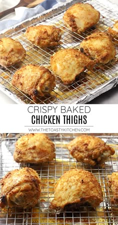 crispy baked chicken thighs on a wire rack with the words, crispy baked chicken thighs