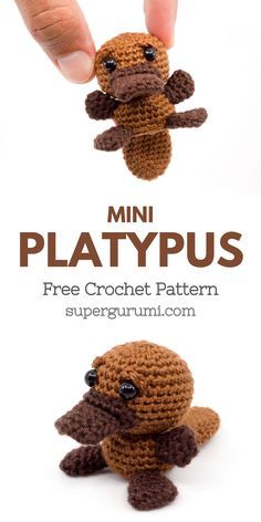 a crocheted stuffed animal is being held up by someone's hand with the text, mini platypus free crochet pattern