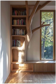 the bookshelf is made out of wood and has an unusual tree like structure