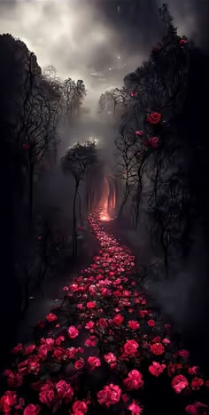 a dark forest filled with lots of red flowers