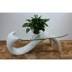 a glass table with a plant on top