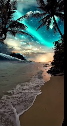 the sky is filled with green and blue lights as well as palm trees on the beach