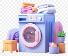 a washing machine with some towels and other items on it, including a potted plant